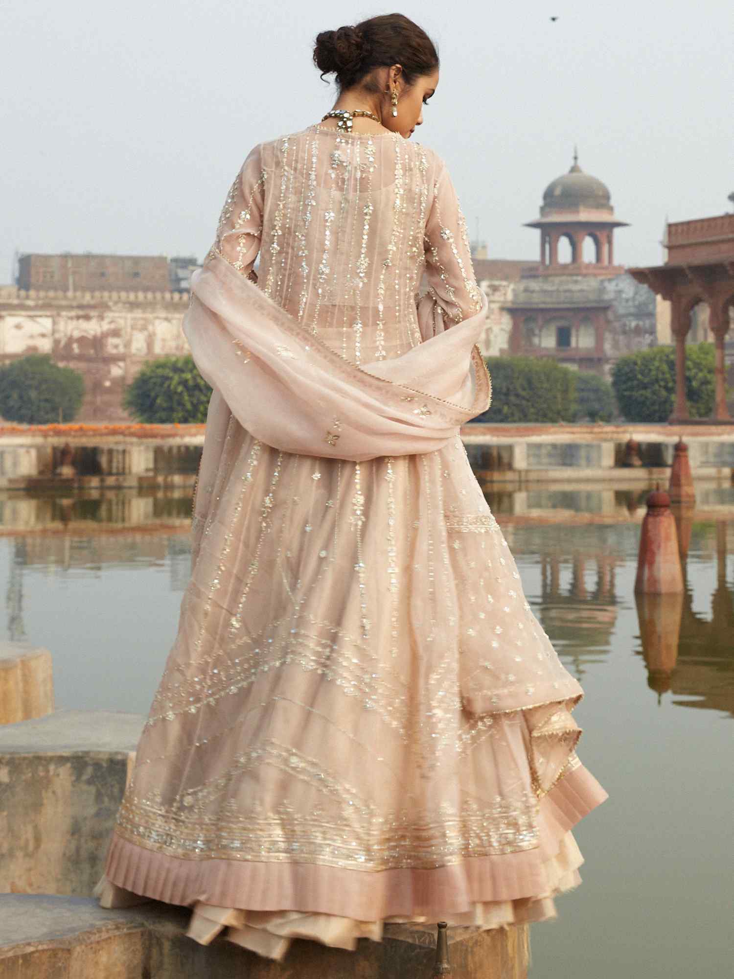Pakistani Opal Pink Zardozi Organza Kalidar Lehenga (3-Piece) - Image 3
