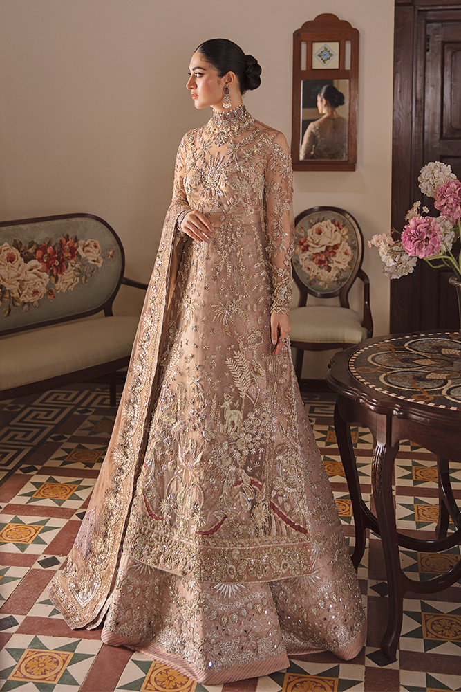 Dusty Pink Embroidered Net A-Line Shirt & Organza Lehenga (3-Piece) - Image 1
