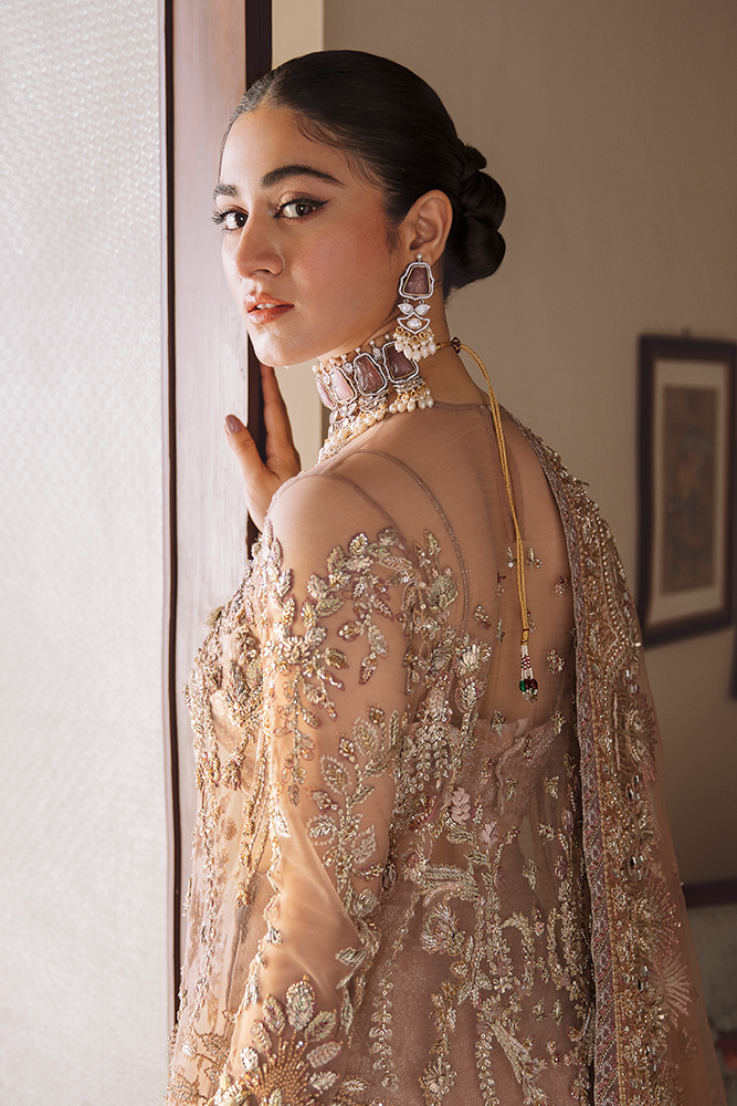 Dusty Pink Embroidered Net A-Line Shirt & Organza Lehenga (3-Piece) - Image 4