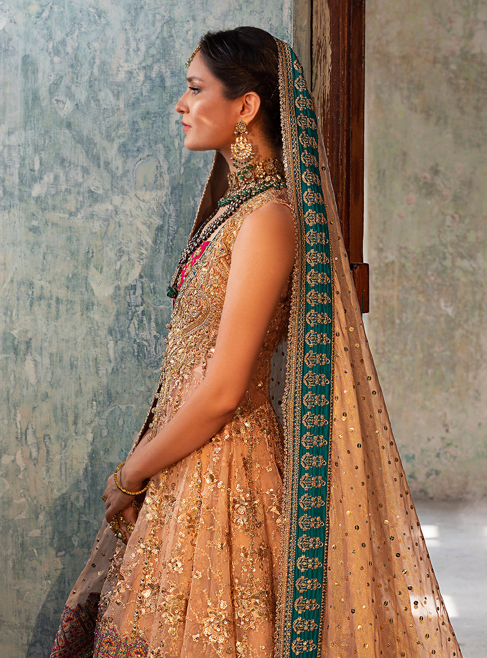 Pakistani Nude Pink Embellished Organza Masyuri Bridal Lehenga (3-Piece) - Image 4