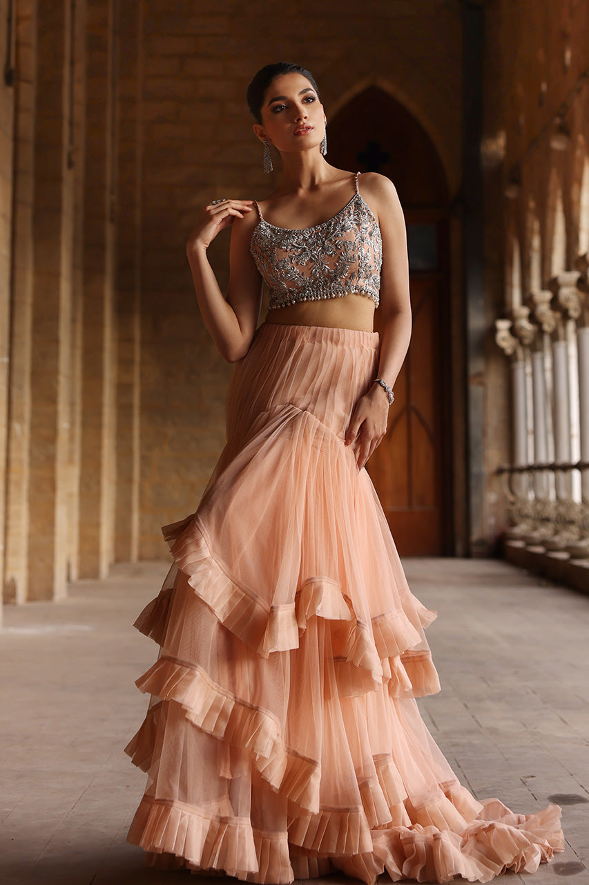 Pakistani Grey Zardozi Organza Jacket with Peach Lehenga (3-Piece) - Image 8