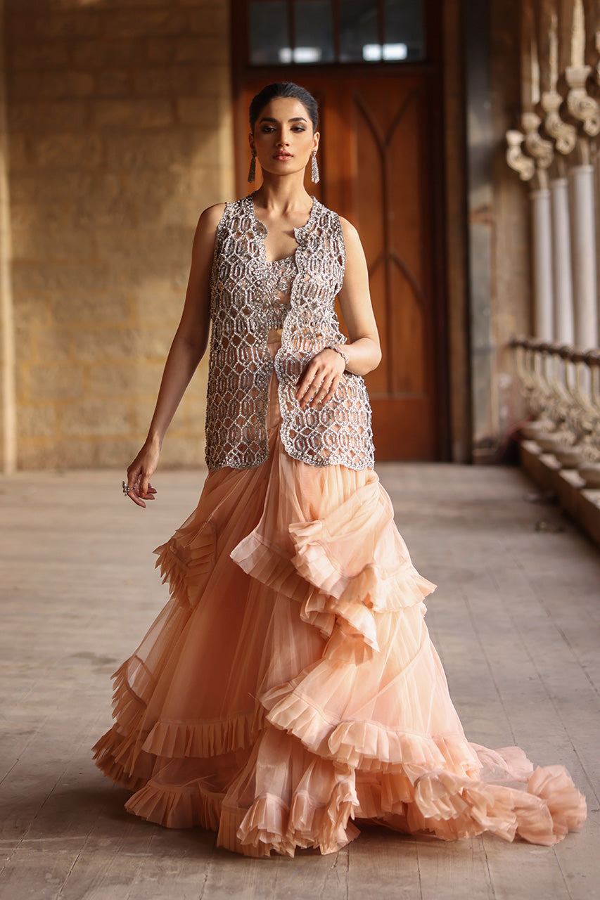 Grey Zardozi Organza Jacket Lehenga (3-Piece) - Image 1