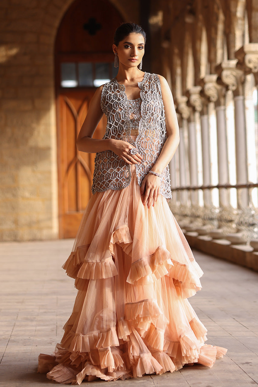 Grey Zardozi Organza Jacket Lehenga (3-Piece) - Image 3