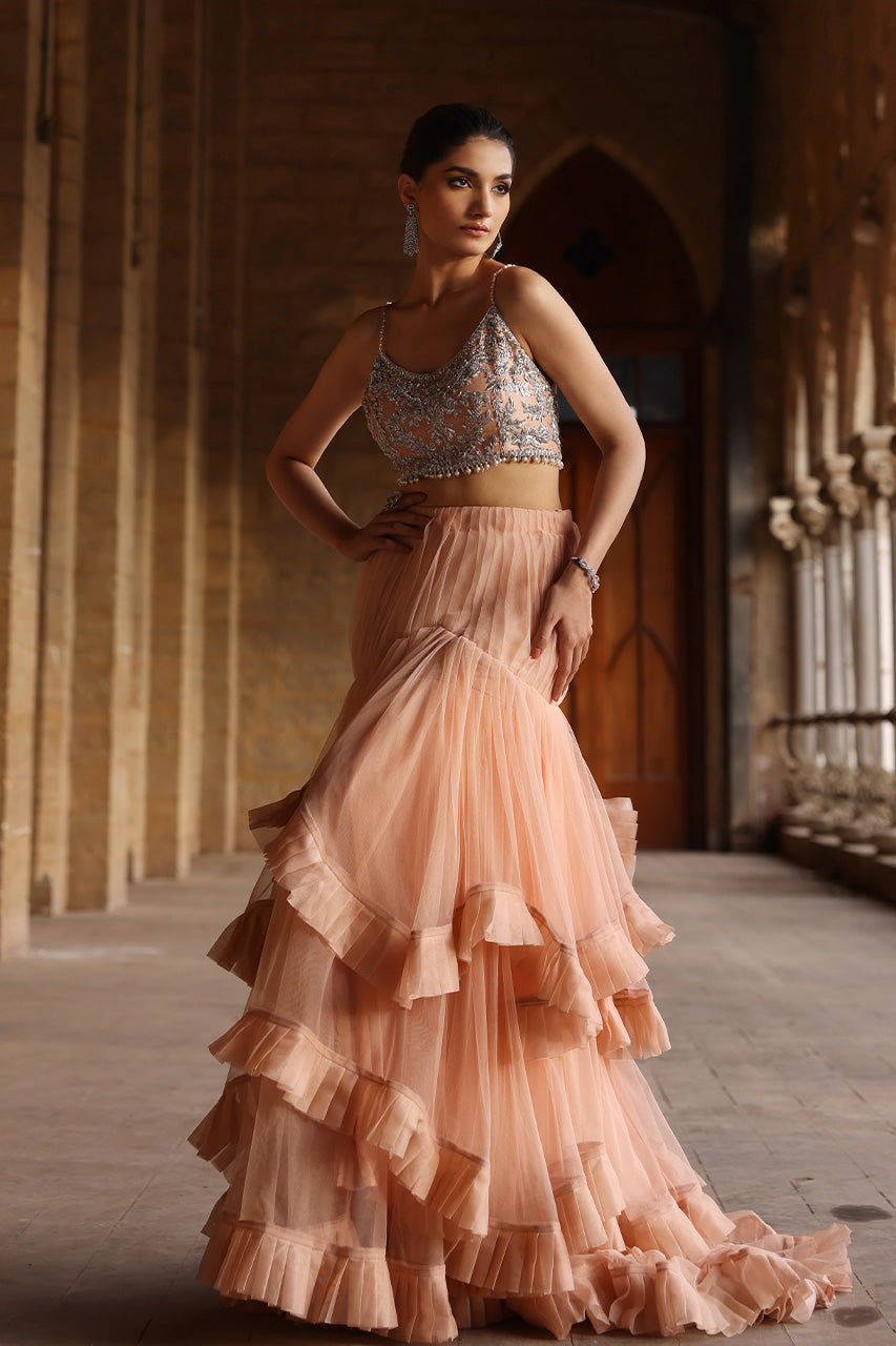 Grey Zardozi Organza Jacket Lehenga (3-Piece) - Image 6