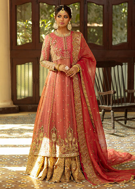 Pakistani Watermelon & Gold Embroidered Organza Bridal Lehenga (3-Piece) - Image 1