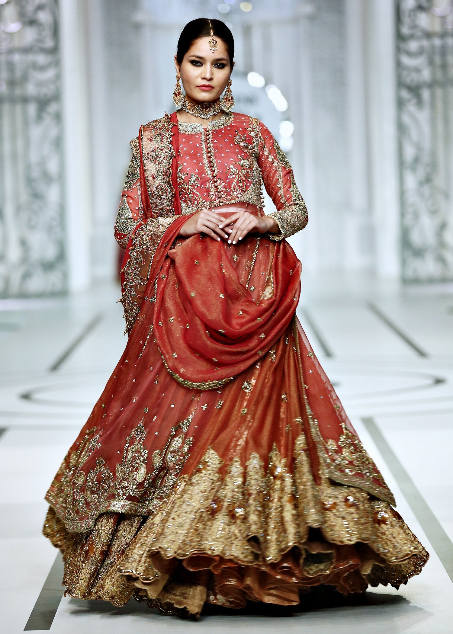 Pakistani Watermelon & Gold Embroidered Organza Bridal Lehenga (3-Piece) - Image 10