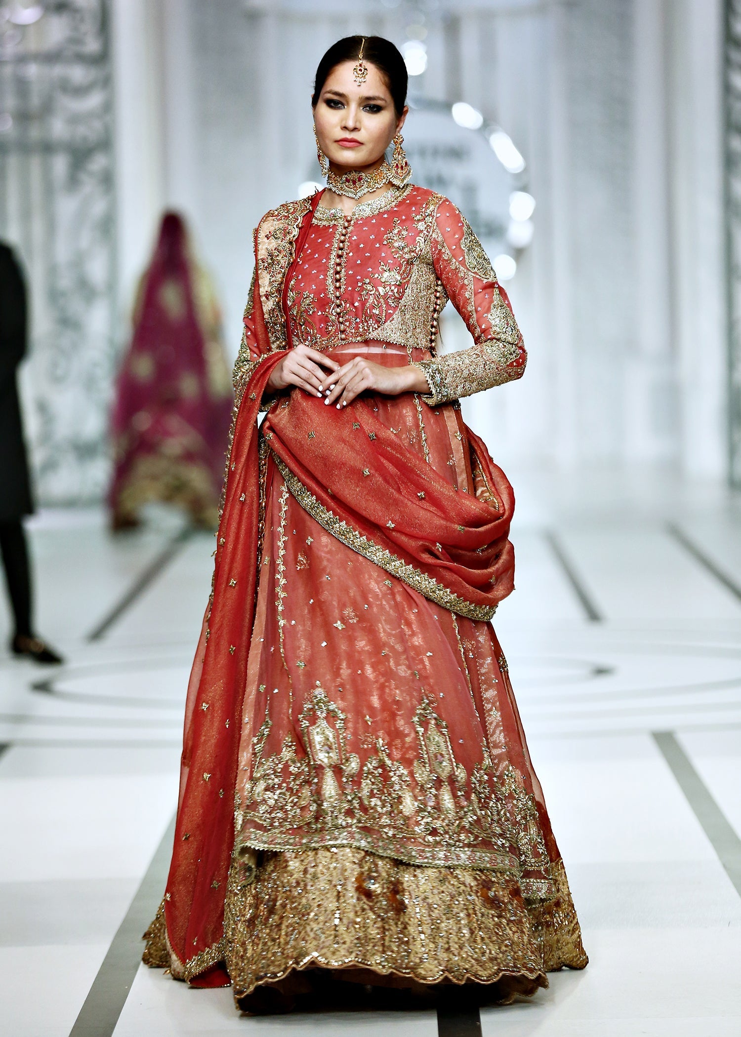 Pakistani Watermelon & Gold Embroidered Organza Bridal Lehenga (3-Piece) - Image 11