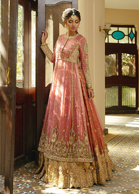 Pakistani Watermelon & Gold Embroidered Organza Bridal Lehenga (3-Piece) - Image 4
