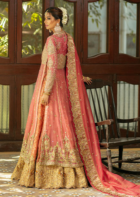 Pakistani Watermelon & Gold Embroidered Organza Bridal Lehenga (3-Piece) - Image 5