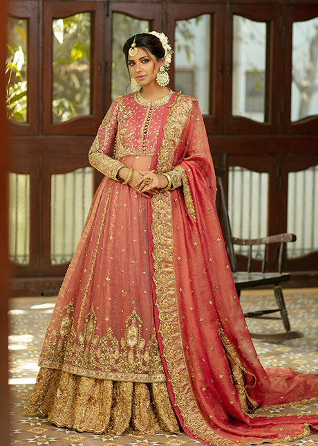 Pakistani Watermelon & Gold Embroidered Organza Bridal Lehenga (3-Piece) - Image 6