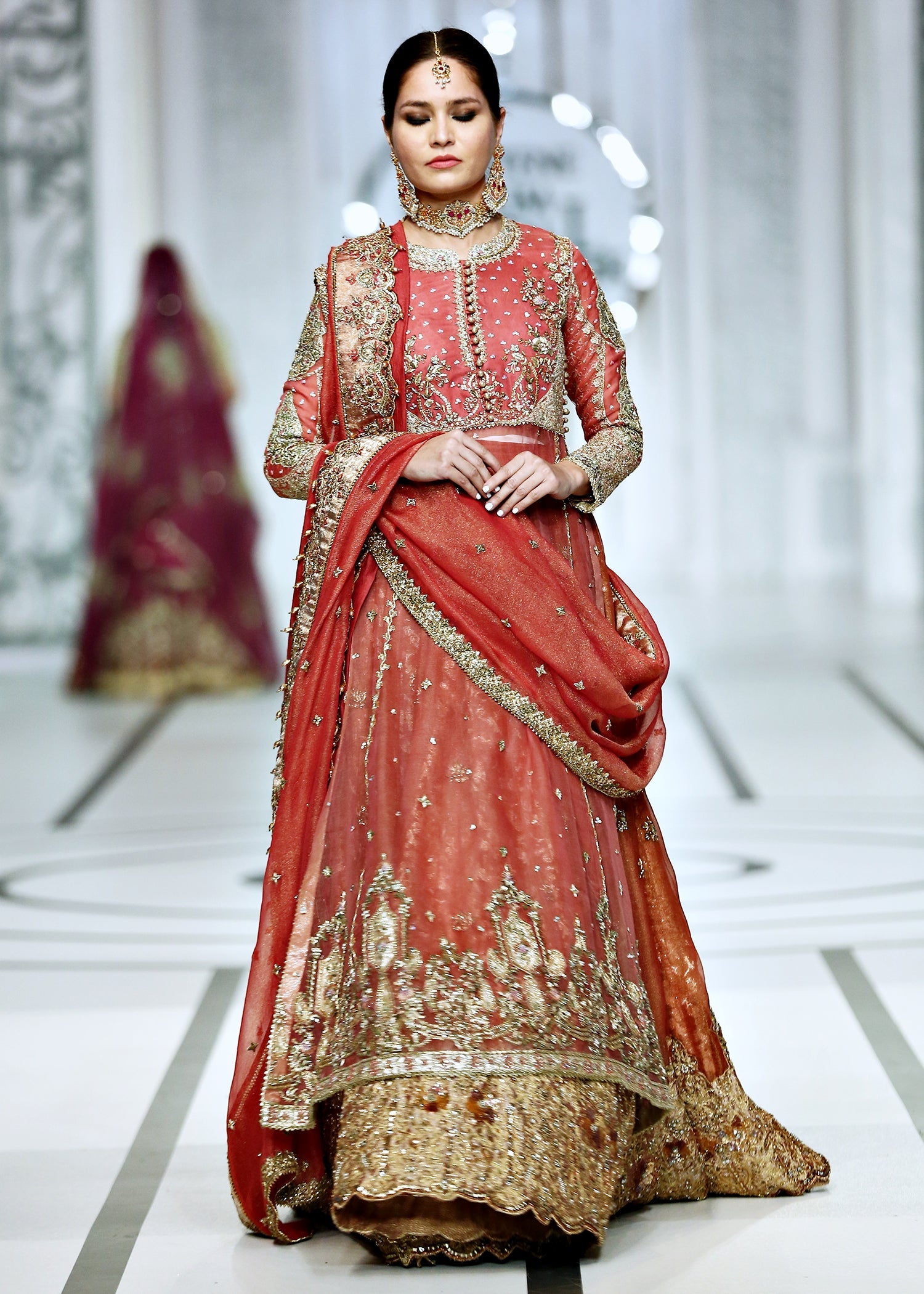 Pakistani Watermelon & Gold Embroidered Organza Bridal Lehenga (3-Piece) - Image 9