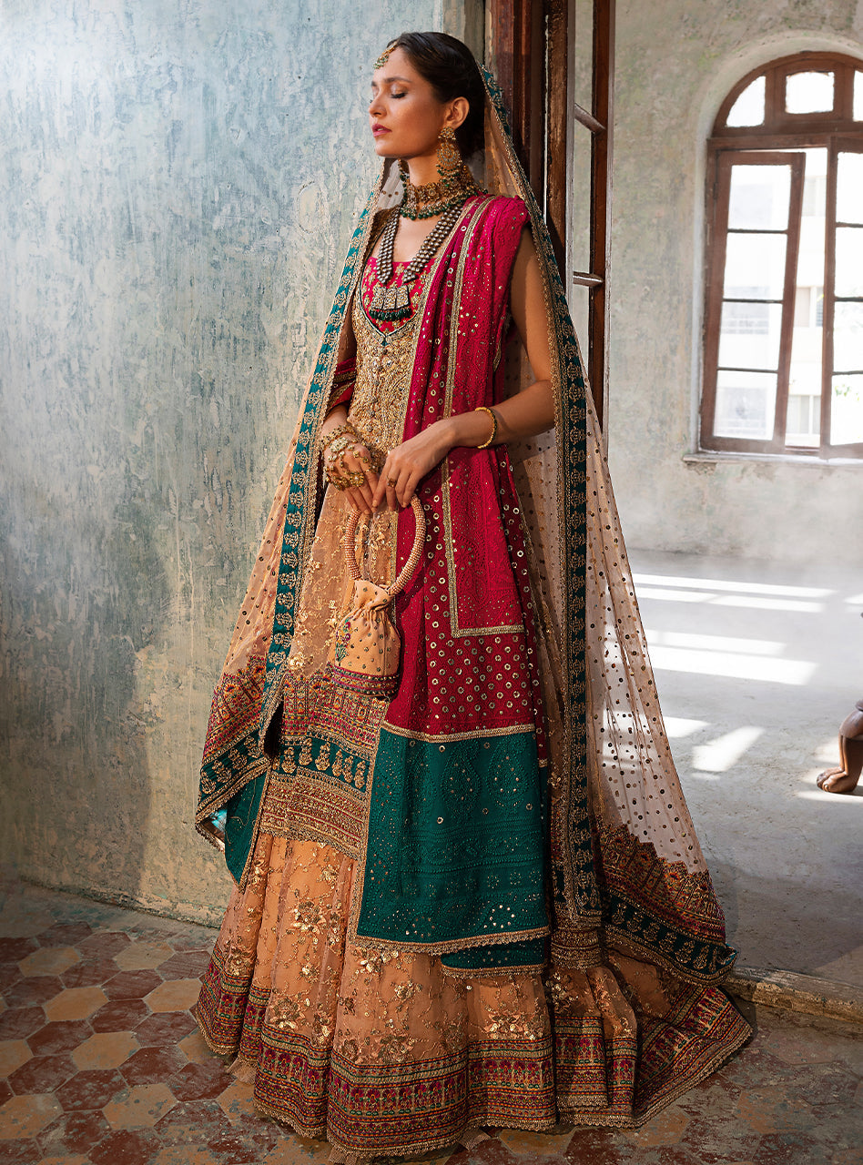 Nude Pink Embellished Organza Masyuri Bridal Lehenga (3-Piece) - Image 1