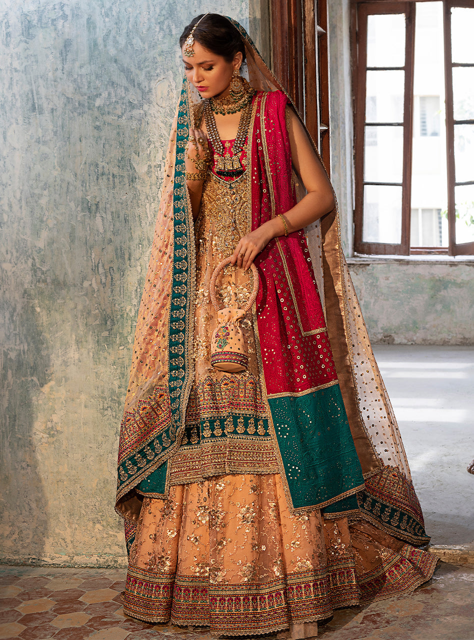 Nude Pink Embellished Organza Masyuri Bridal Lehenga (3-Piece) - Image 3
