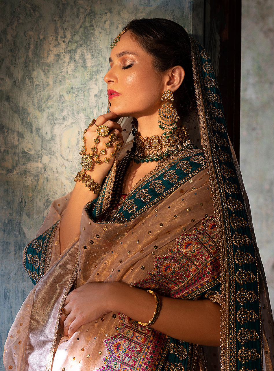 Nude Pink Embellished Organza Masyuri Bridal Lehenga (3-Piece) - Image 6