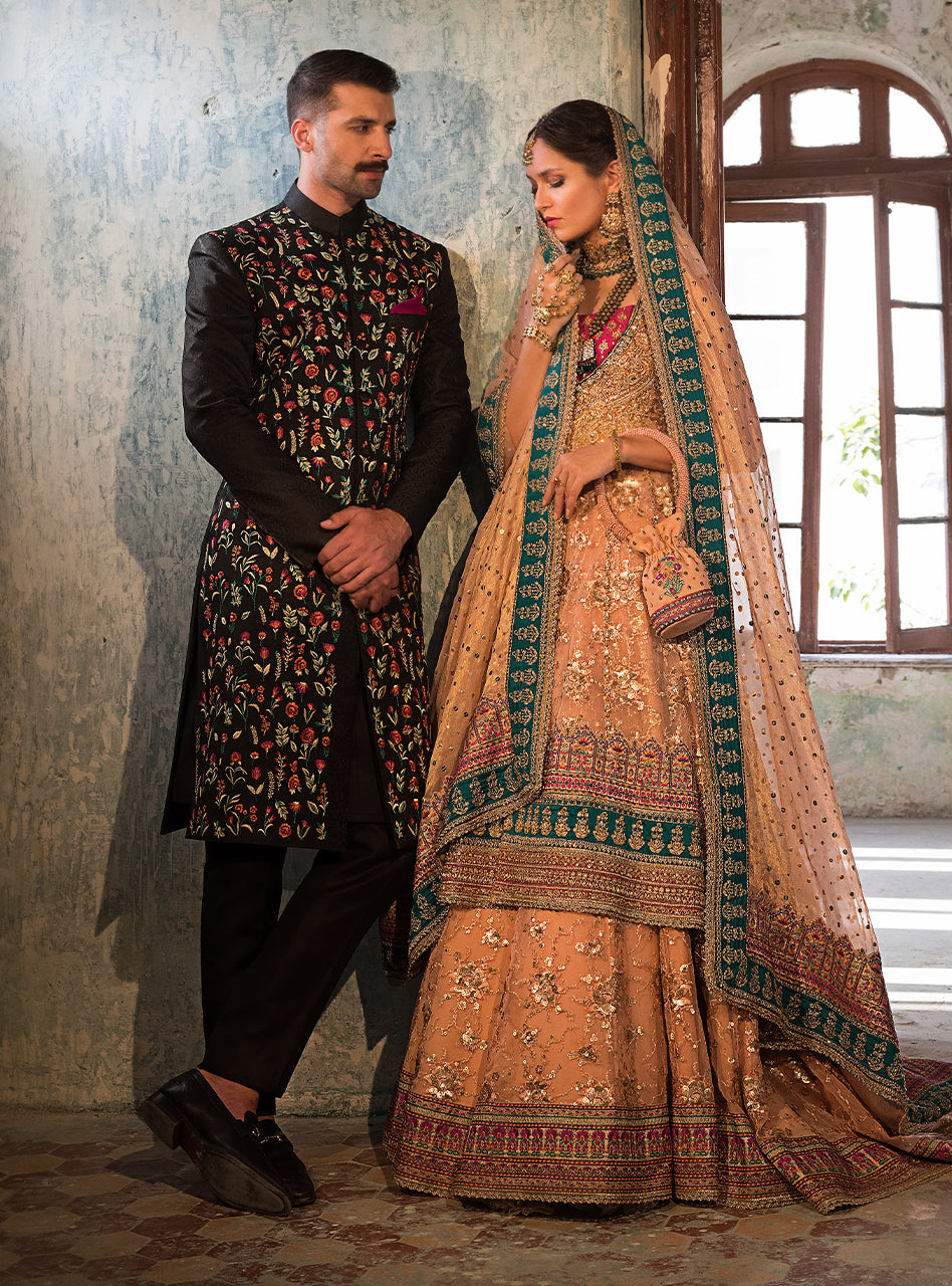 Nude Pink Embellished Organza Masyuri Bridal Lehenga (3-Piece) - Image 7