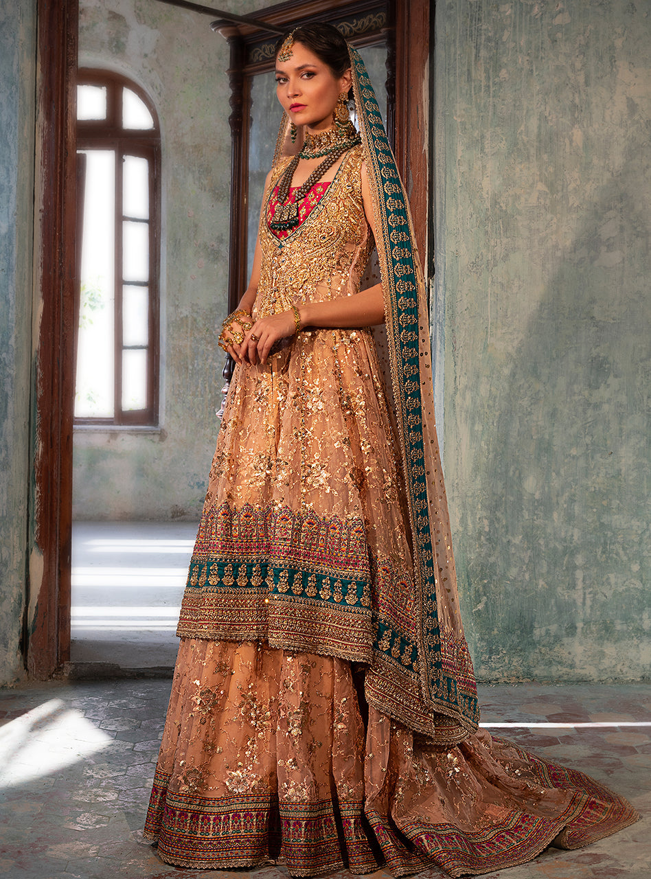 Nude Pink Embellished Organza Masyuri Bridal Lehenga (3-Piece) - Image 8