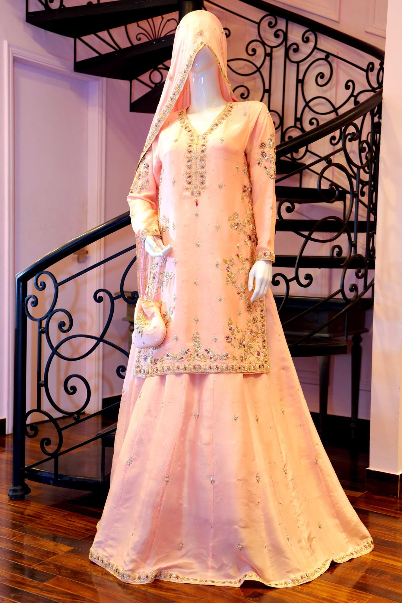 Pakistani Blush Pink Zardozi PK Raw Silk Bridal Lehenga (3-Piece) - Image 2