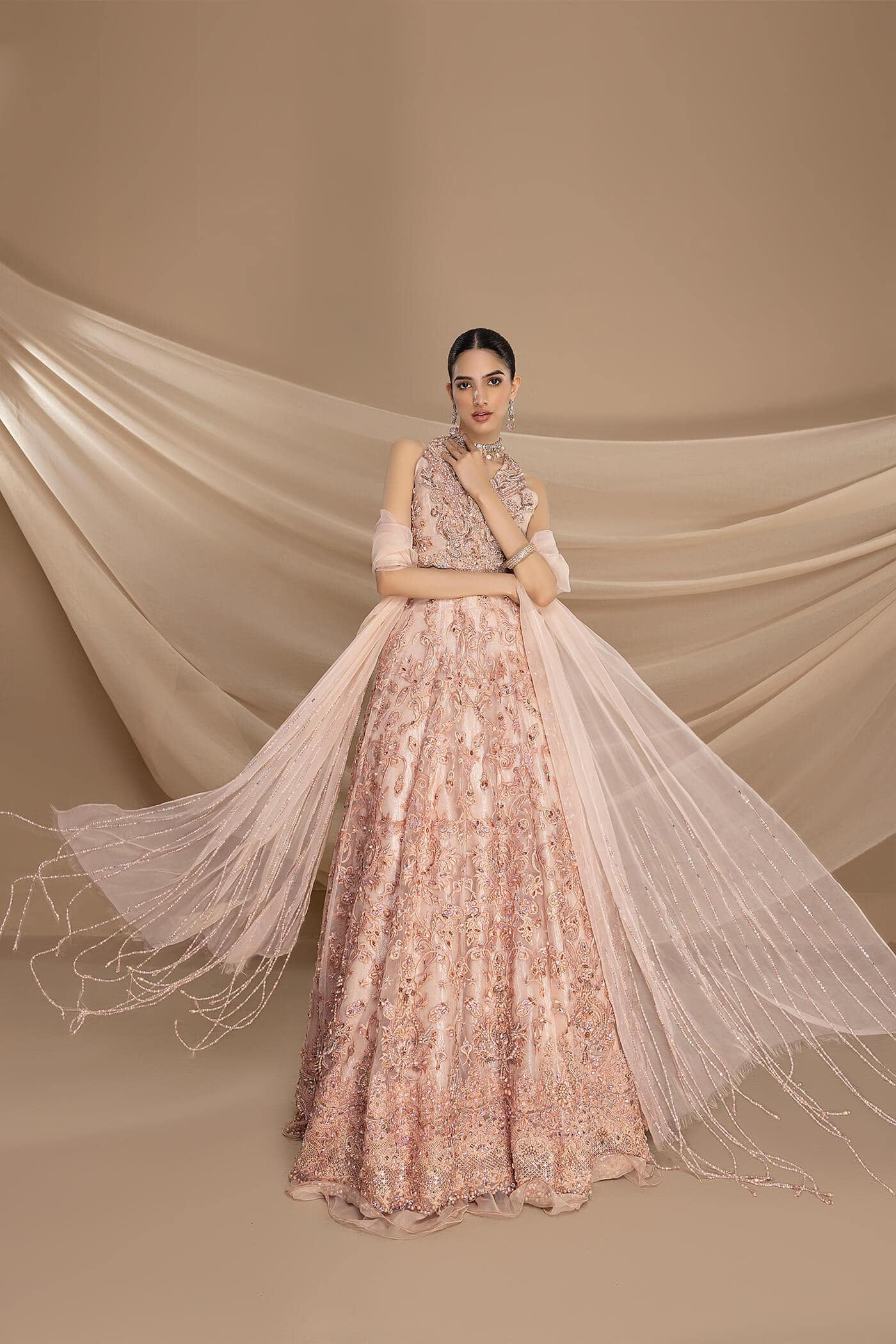 Pakistani Pastel Pink Embellished Pure Net Lehenga (3-Piece) - Image 1