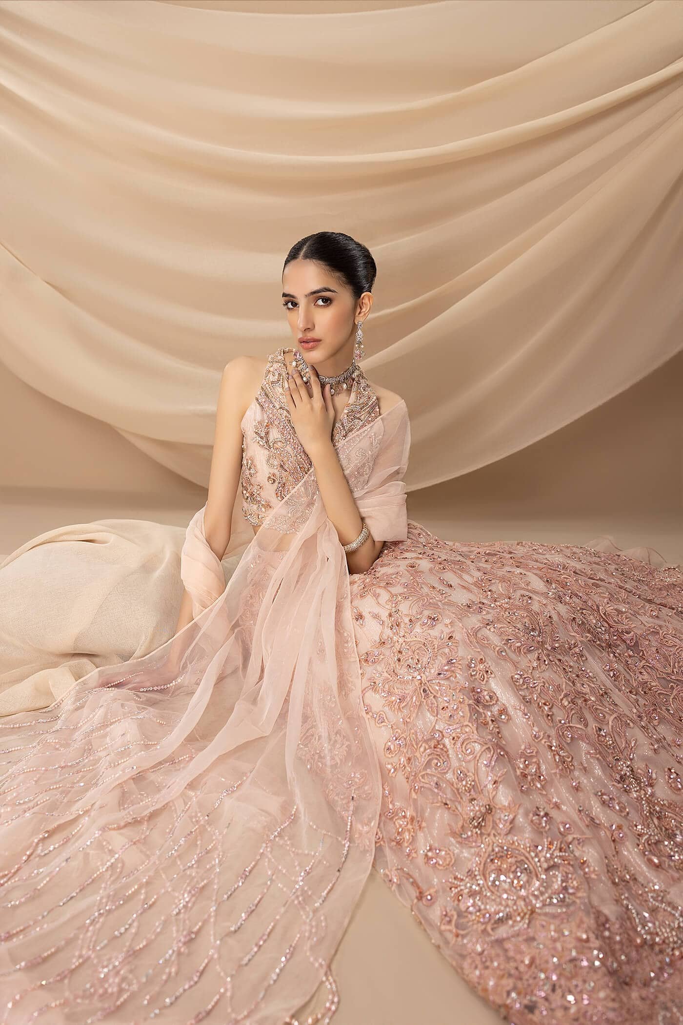 Pakistani Pastel Pink Embellished Pure Net Lehenga (3-Piece) - Image 2