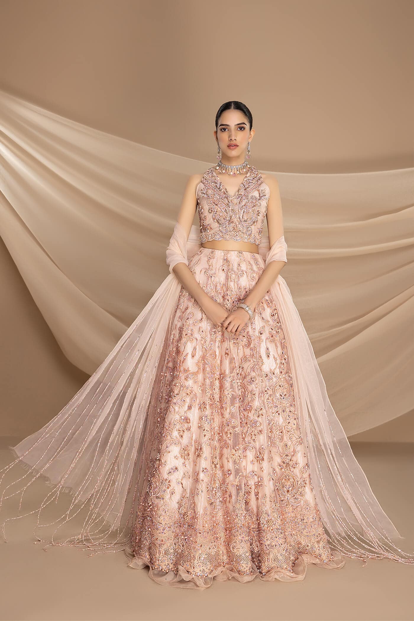 Pakistani Pastel Pink Embellished Pure Net Lehenga (3-Piece) - Image 4
