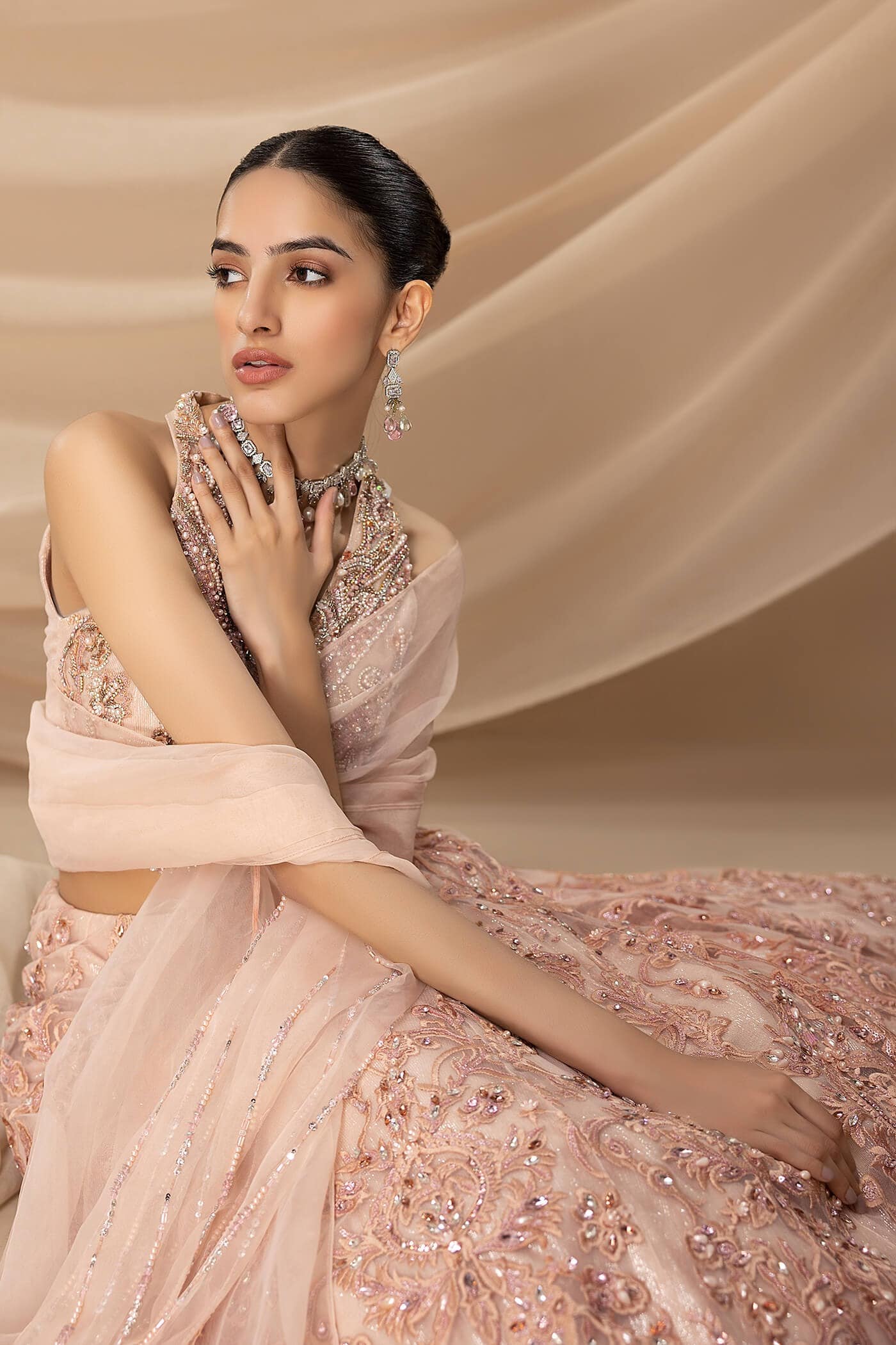 Pakistani Pastel Pink Embellished Pure Net Lehenga (3-Piece) - Image 5