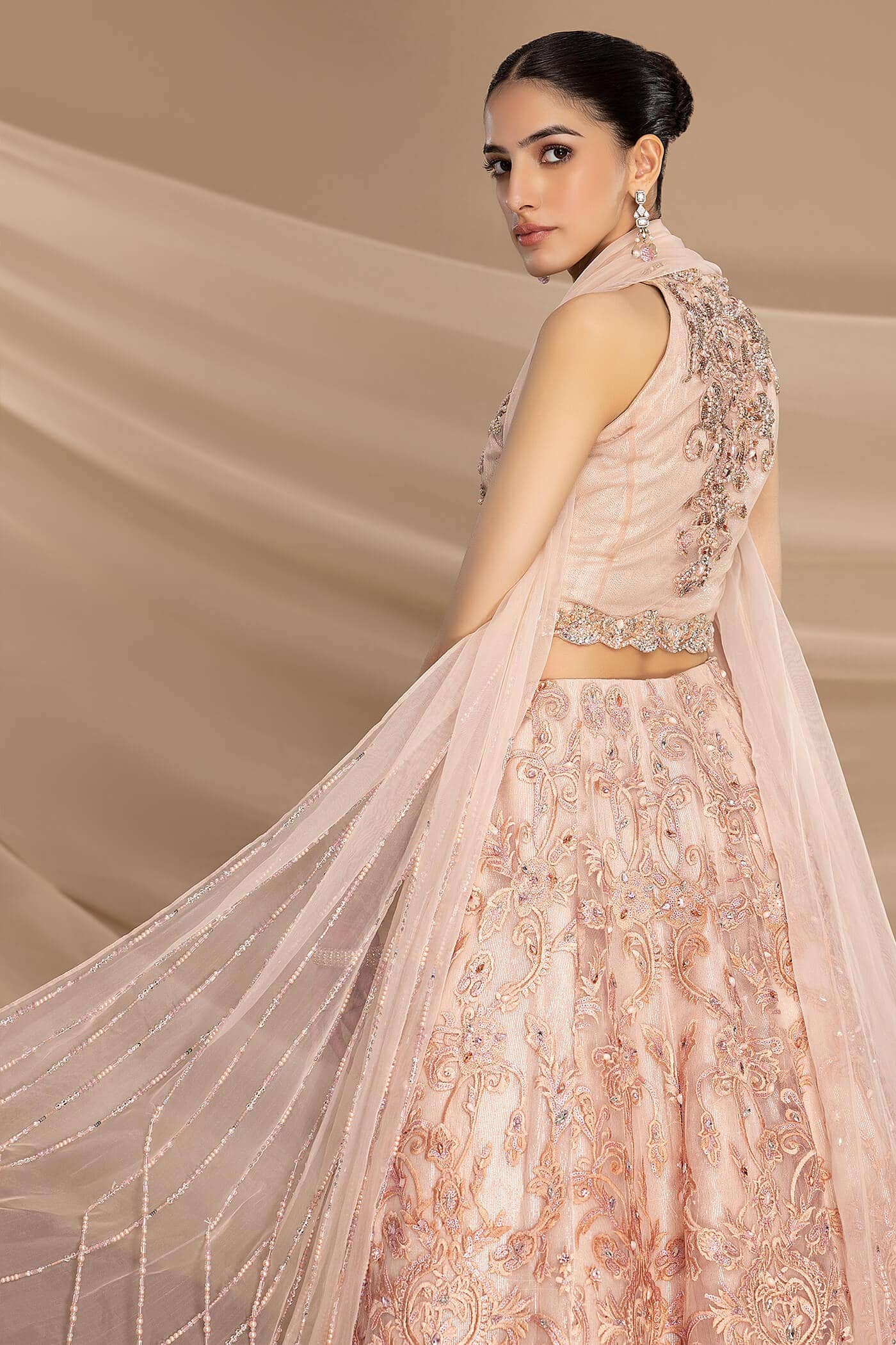 Pakistani Pastel Pink Embellished Pure Net Lehenga (3-Piece) - Image 6