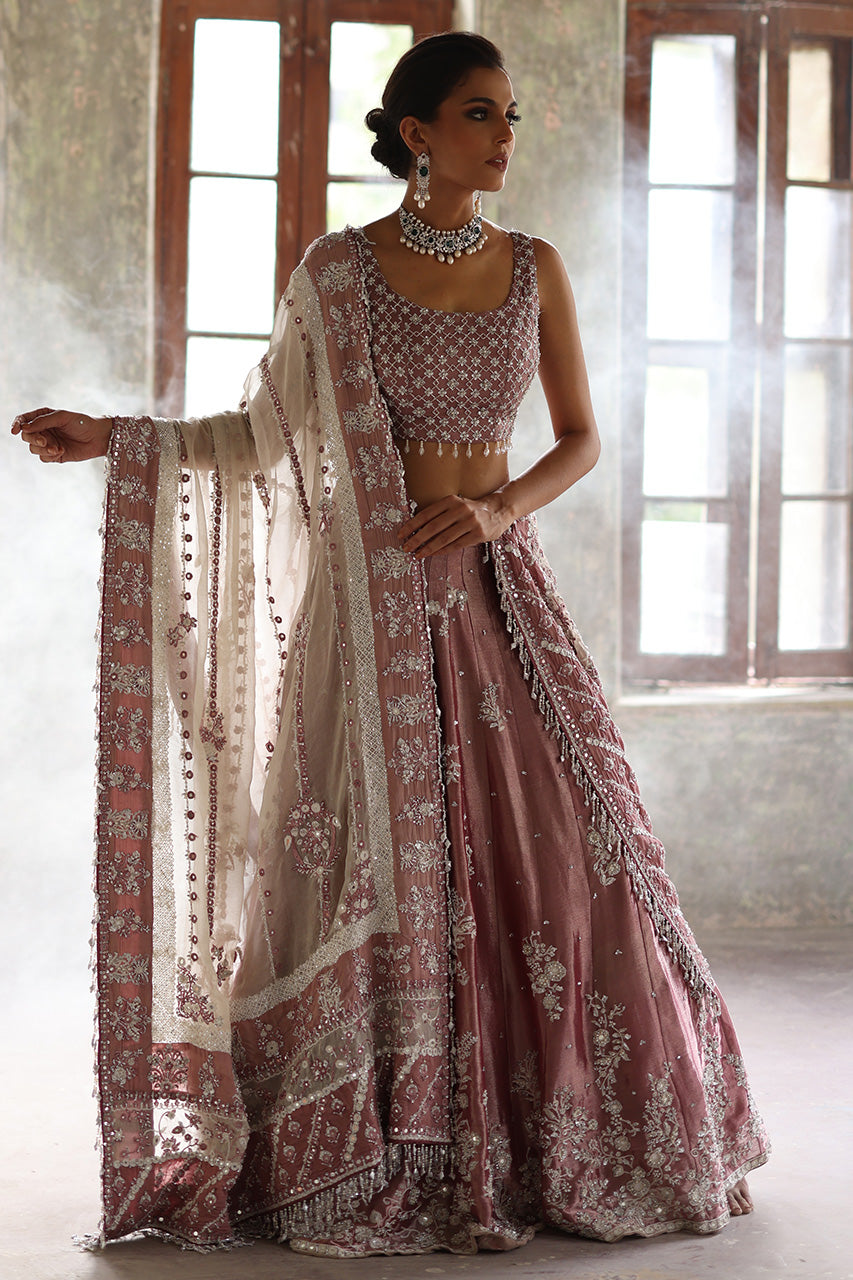 Pakistani White and Petal Pink Embellished Silk Bridal Lehnga Choli (3-Piece) - Image 1