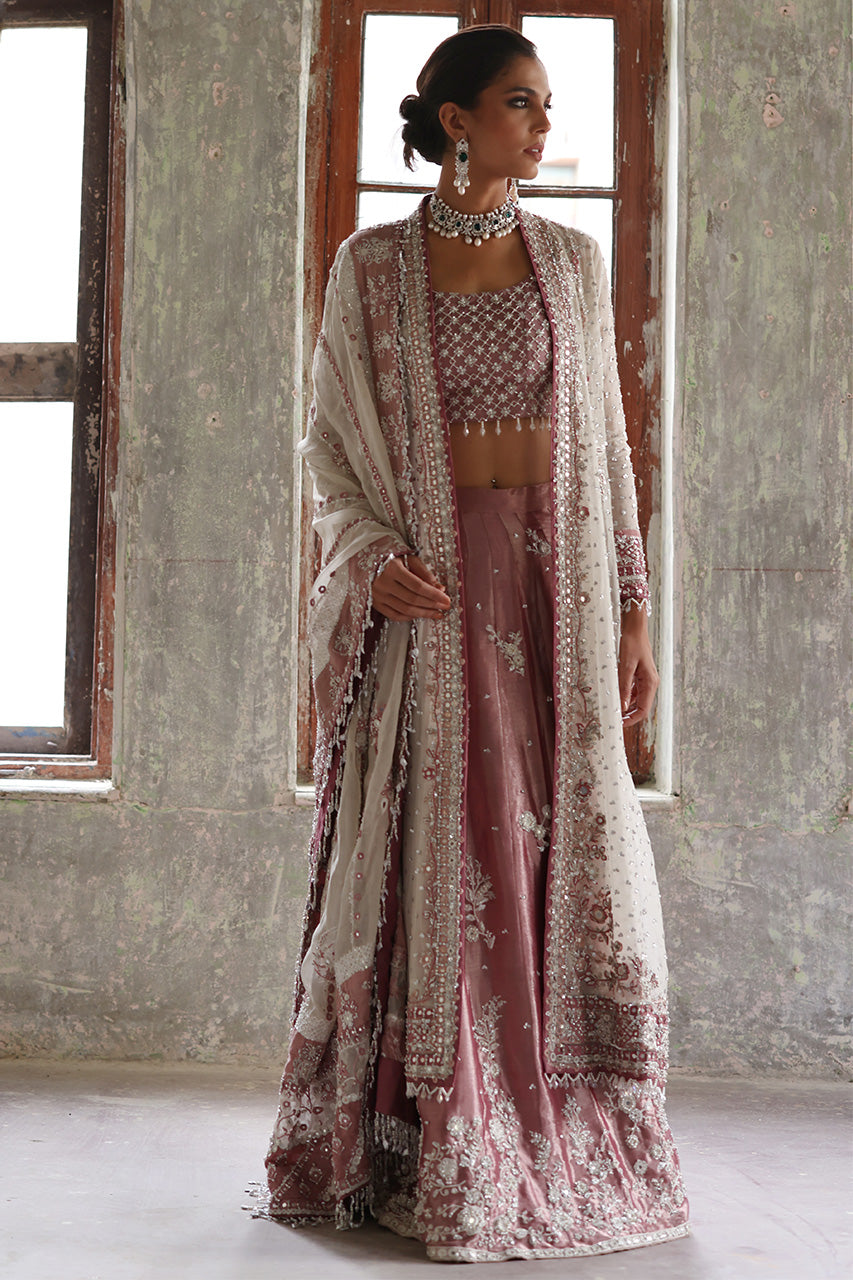 Pakistani White and Petal Pink Embellished Silk Bridal Lehnga Choli (3-Piece) - Image 3