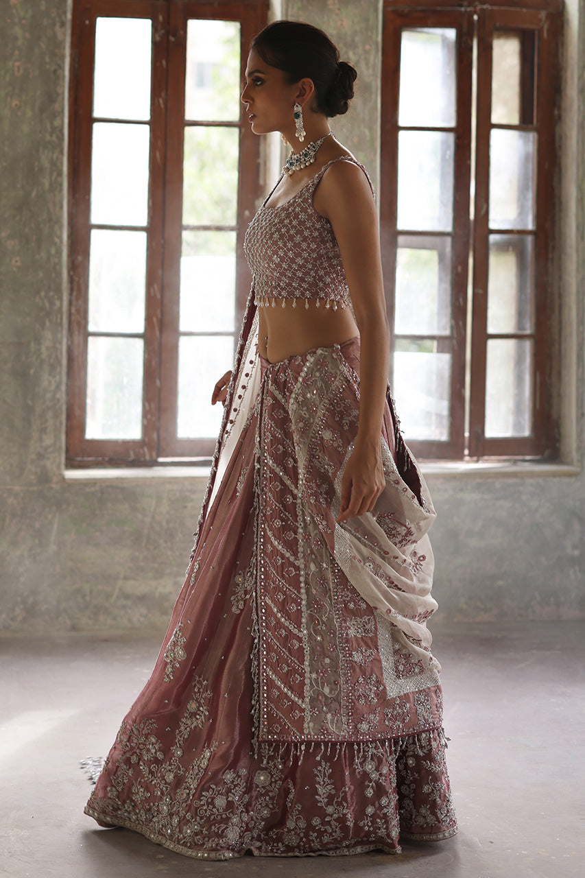 Pakistani White and Petal Pink Embellished Silk Bridal Lehnga Choli (3-Piece) - Image 5