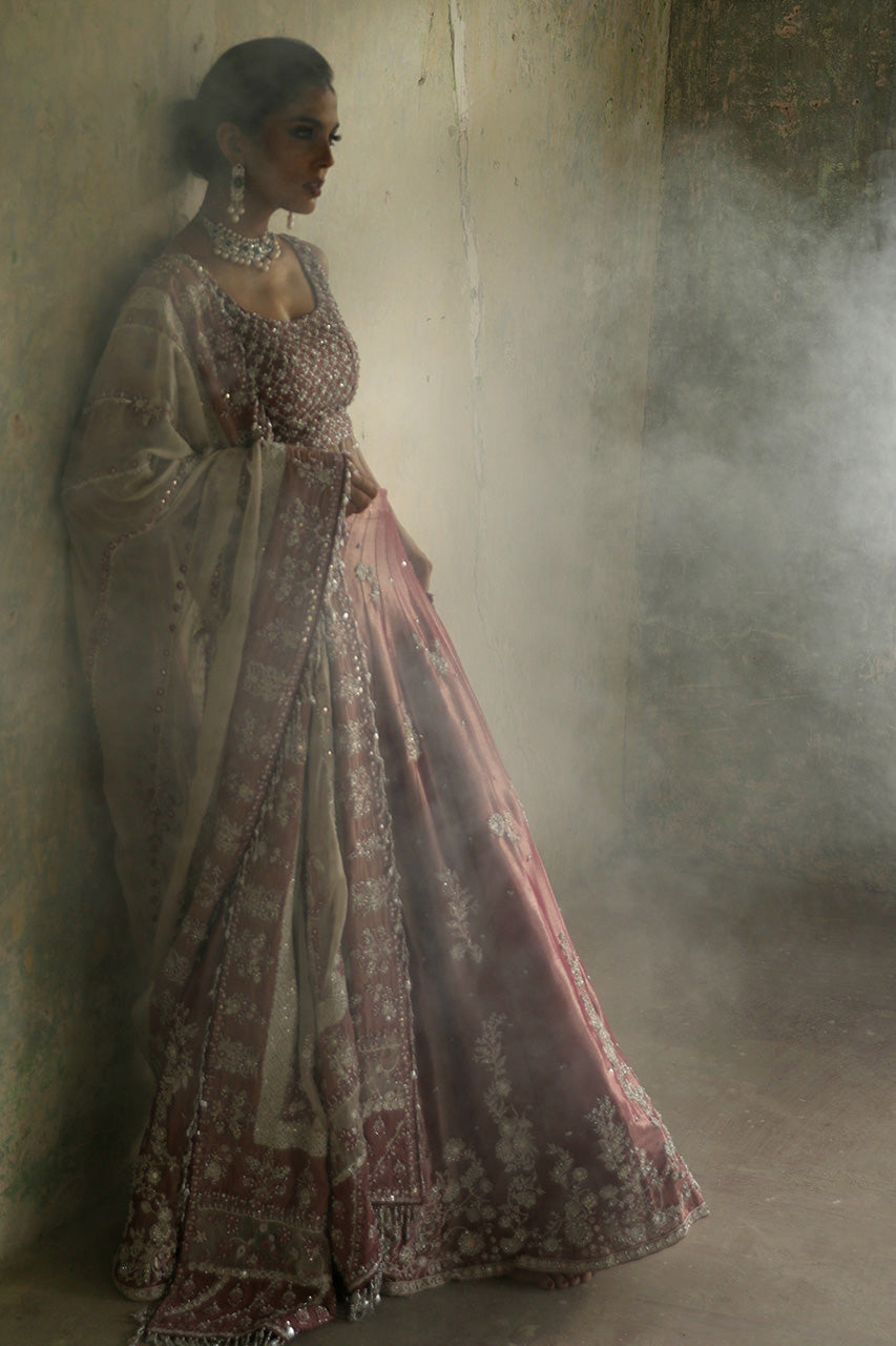 Pakistani White and Petal Pink Embellished Silk Bridal Lehnga Choli (3-Piece) - Image 6