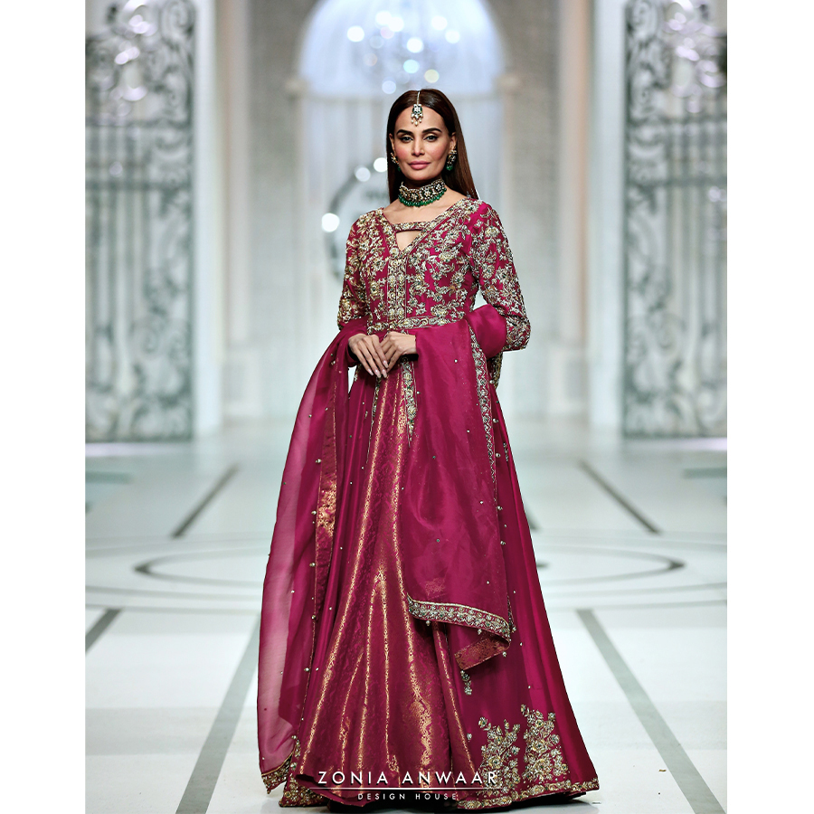 Berry Pink Zardozi Tissue Silk Bridal Gown (3-Piece) - Image 1