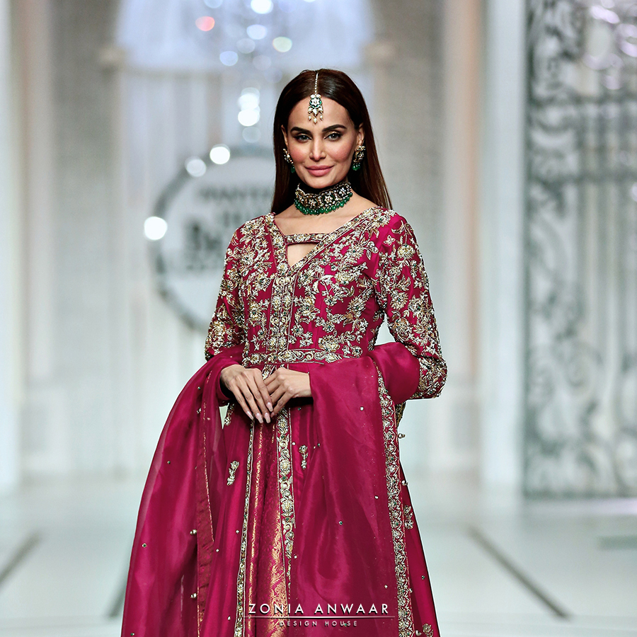 Berry Pink Zardozi Tissue Silk Bridal Gown (3-Piece) - Image 2