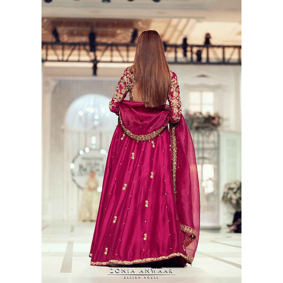 Berry Pink Zardozi Tissue Silk Bridal Gown (3-Piece) - Image 3