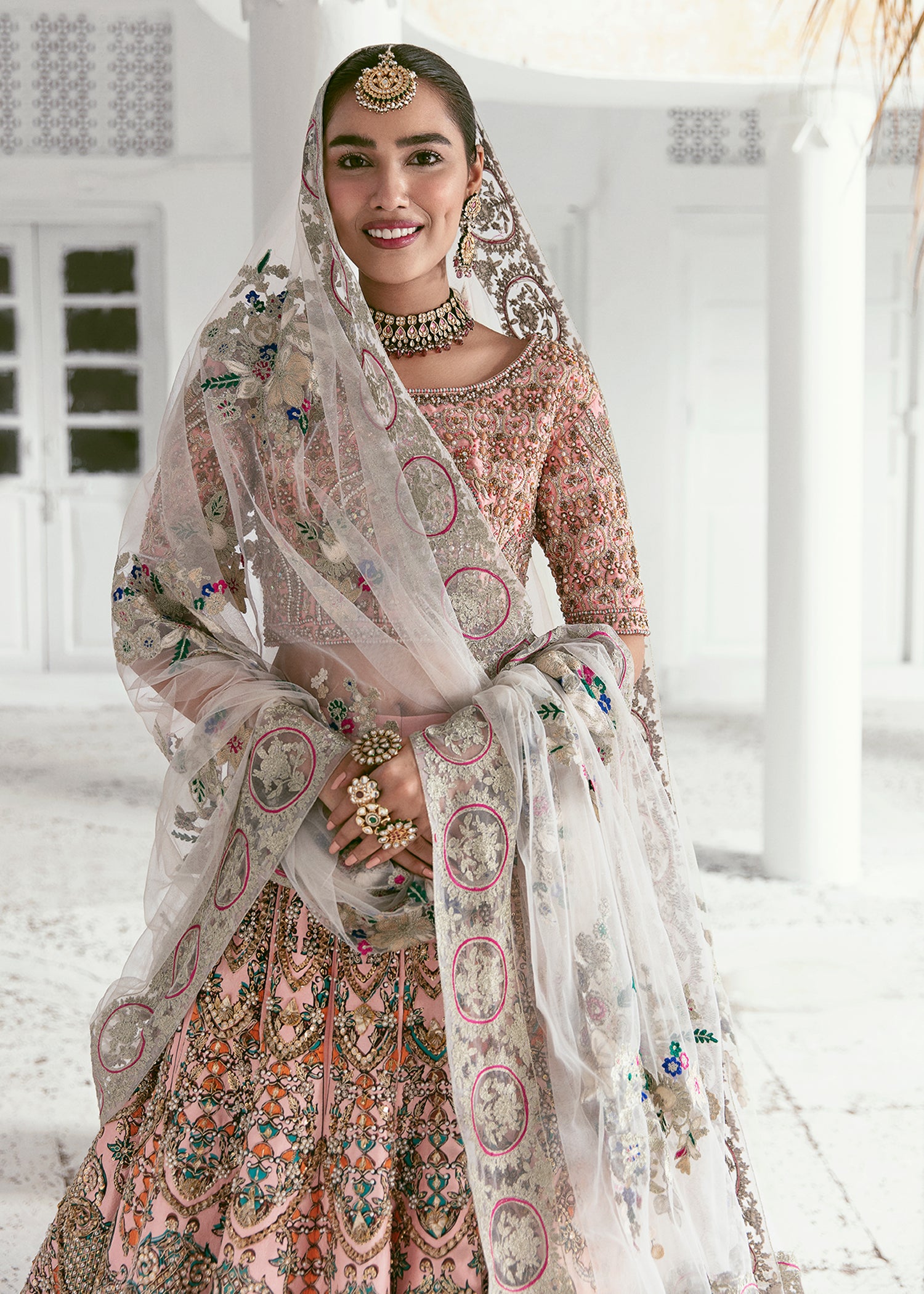 Powder Pink Embellished Raw Silk Lehenga Choli (3-Piece) - Image 2