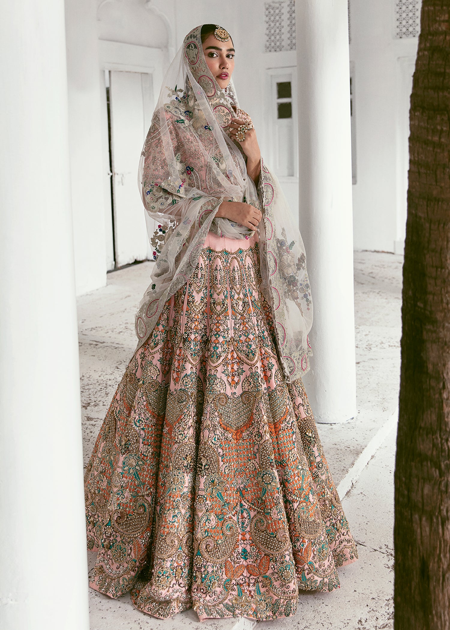 Pakistani Powder Pink Embellished Raw Silk Lehenga Choli (3-Piece) - Image 1