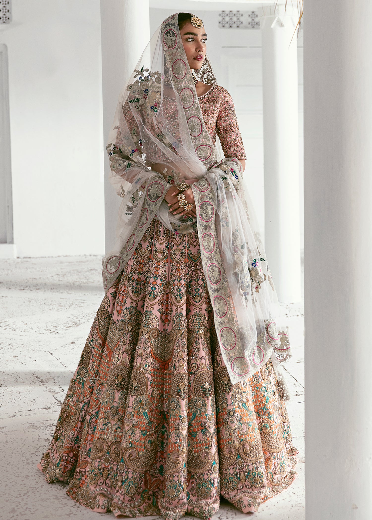 Pakistani Powder Pink Embellished Raw Silk Lehenga Choli (3-Piece) - Image 3