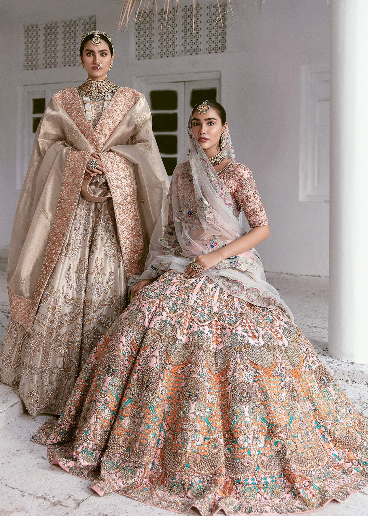 Pakistani Powder Pink Embellished Raw Silk Lehenga Choli (3-Piece) - Image 5