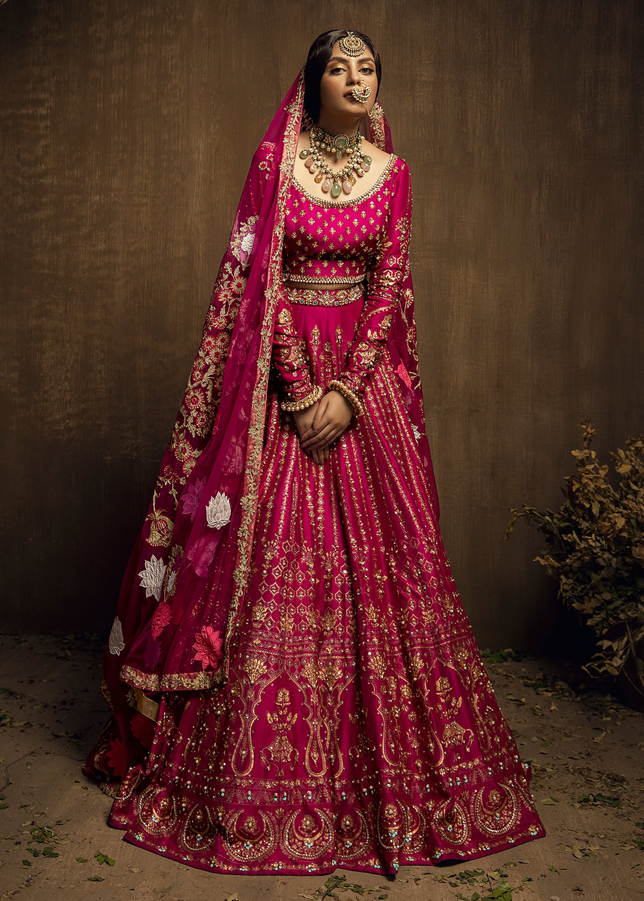 Pakistani Magenta Pink Embroidered Raw Silk Lehenga Choli (3-Piece) - Image 3