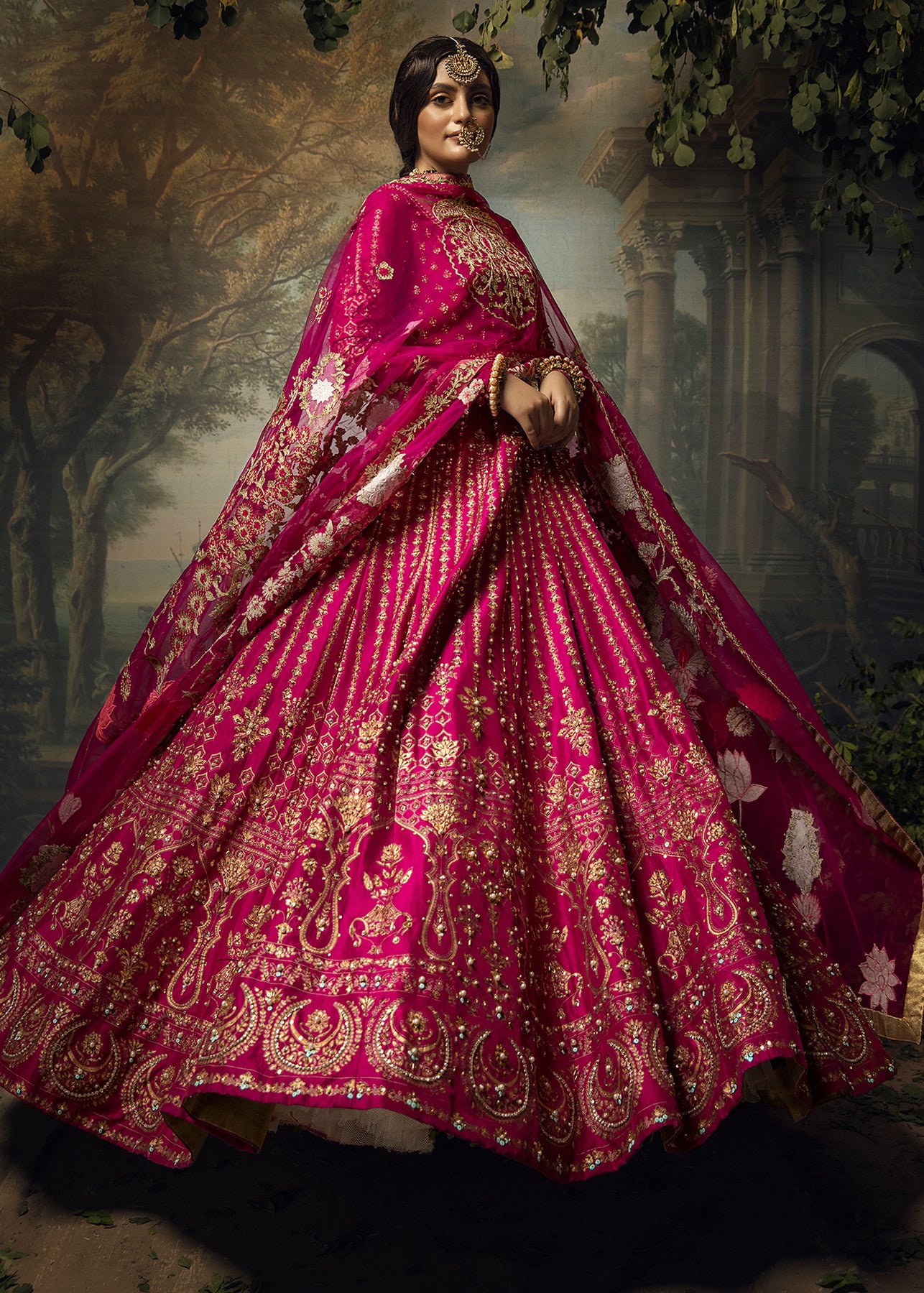 Pakistani Magenta Pink Embroidered Raw Silk Lehenga Choli (3-Piece) - Image 4