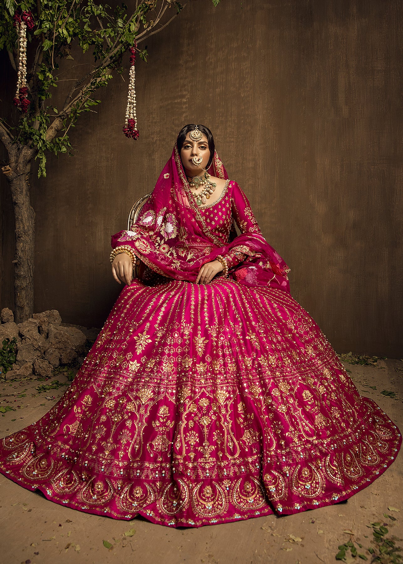 Pakistani Magenta Pink Embroidered Raw Silk Lehenga Choli (3-Piece) - Image 5