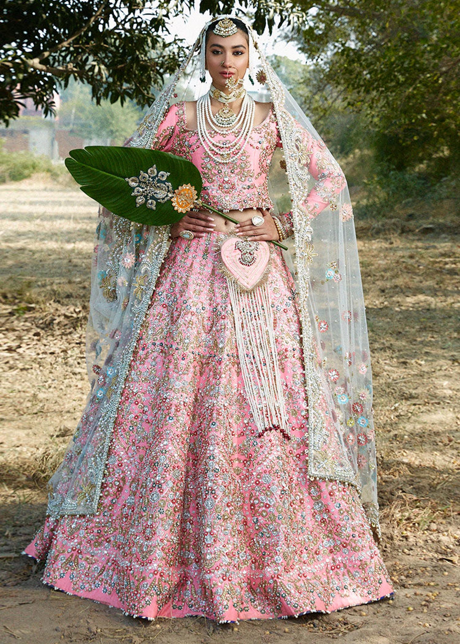 Coral Pink Embellished Raw Silk Lehenga Choli (3-Piece) - Image 1