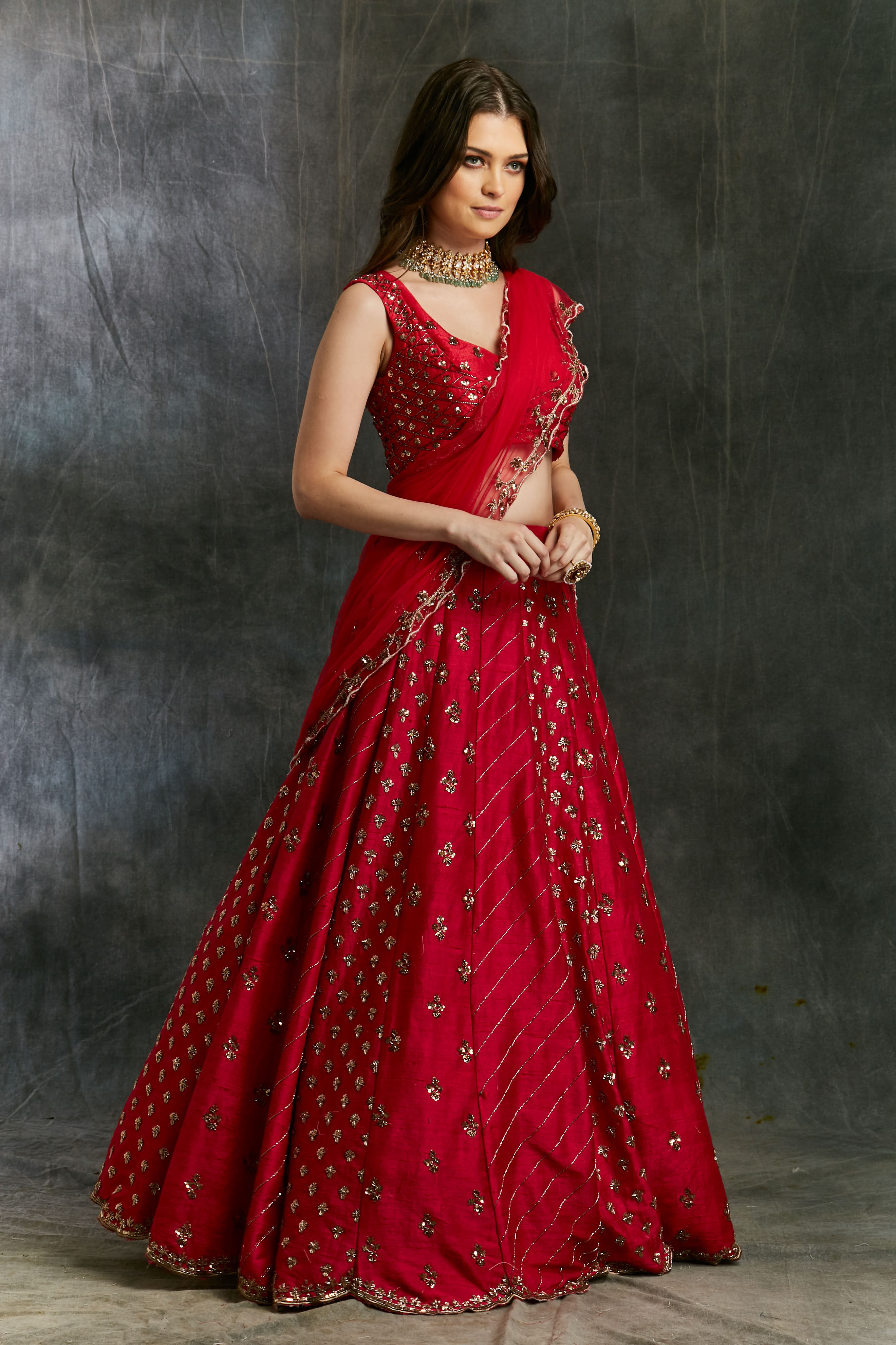 Indian Dark Pink Booti Embroidered Raw Silk Lehenga (3-Piece) - Image 1