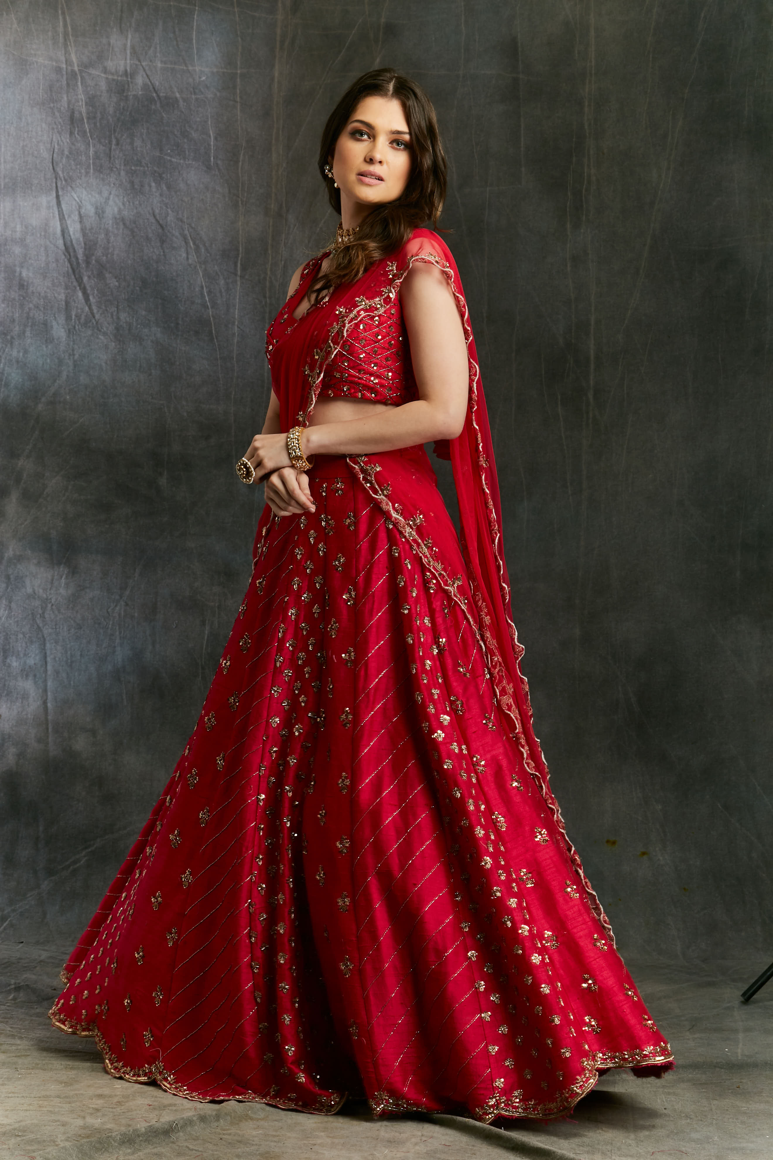 Indian Dark Pink Booti Embroidered Raw Silk Lehenga (3-Piece) - Image 3