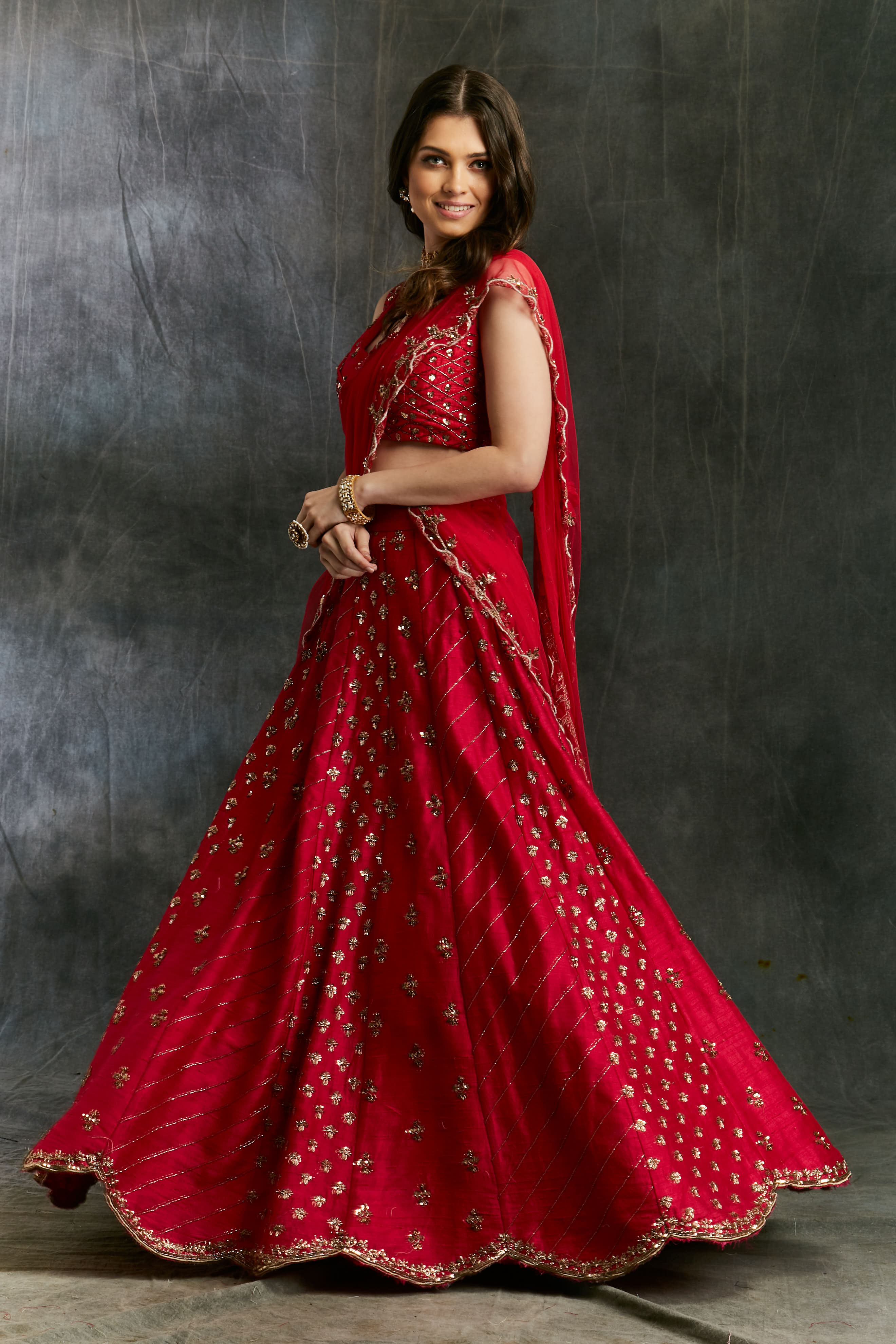 Indian Dark Pink Booti Embroidered Raw Silk Lehenga (3-Piece) - Image 4