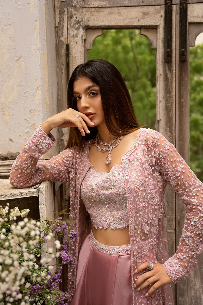 Pakistani Mauve Pink Embellished Silk Lehenga (3-Piece) - Image 2