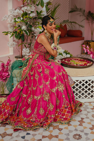 Pakistani Pink Dabka Gota Raw Silk Bridal Lehenga Choli (3-Piece) - Image 2