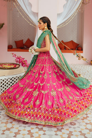 Pakistani Pink Dabka Gota Raw Silk Bridal Lehenga Choli (3-Piece) - Image 3