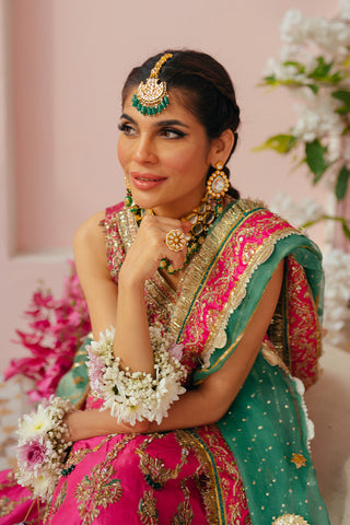 Pakistani Pink Dabka Gota Raw Silk Bridal Lehenga Choli (3-Piece) - Image 5