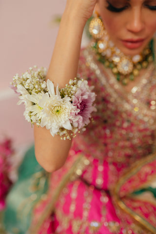 Pakistani Pink Dabka Gota Raw Silk Bridal Lehenga Choli (3-Piece) - Image 6