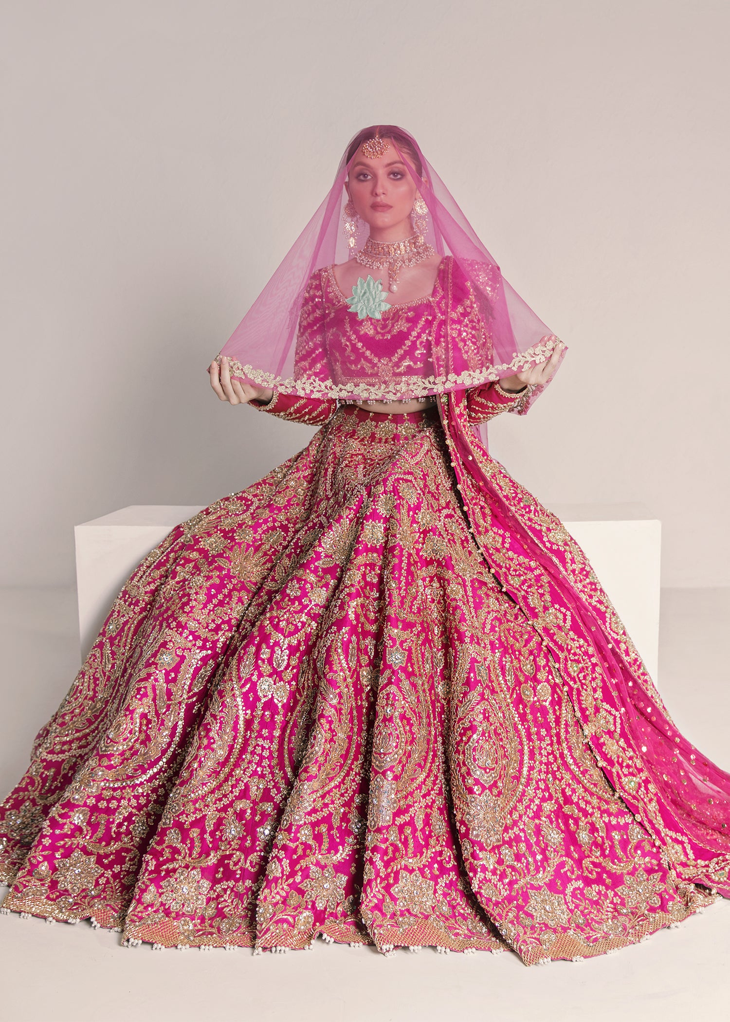 Pakistani Pink Embroidered Raw Silk Lehenga Set (3-Piece) - Image 2